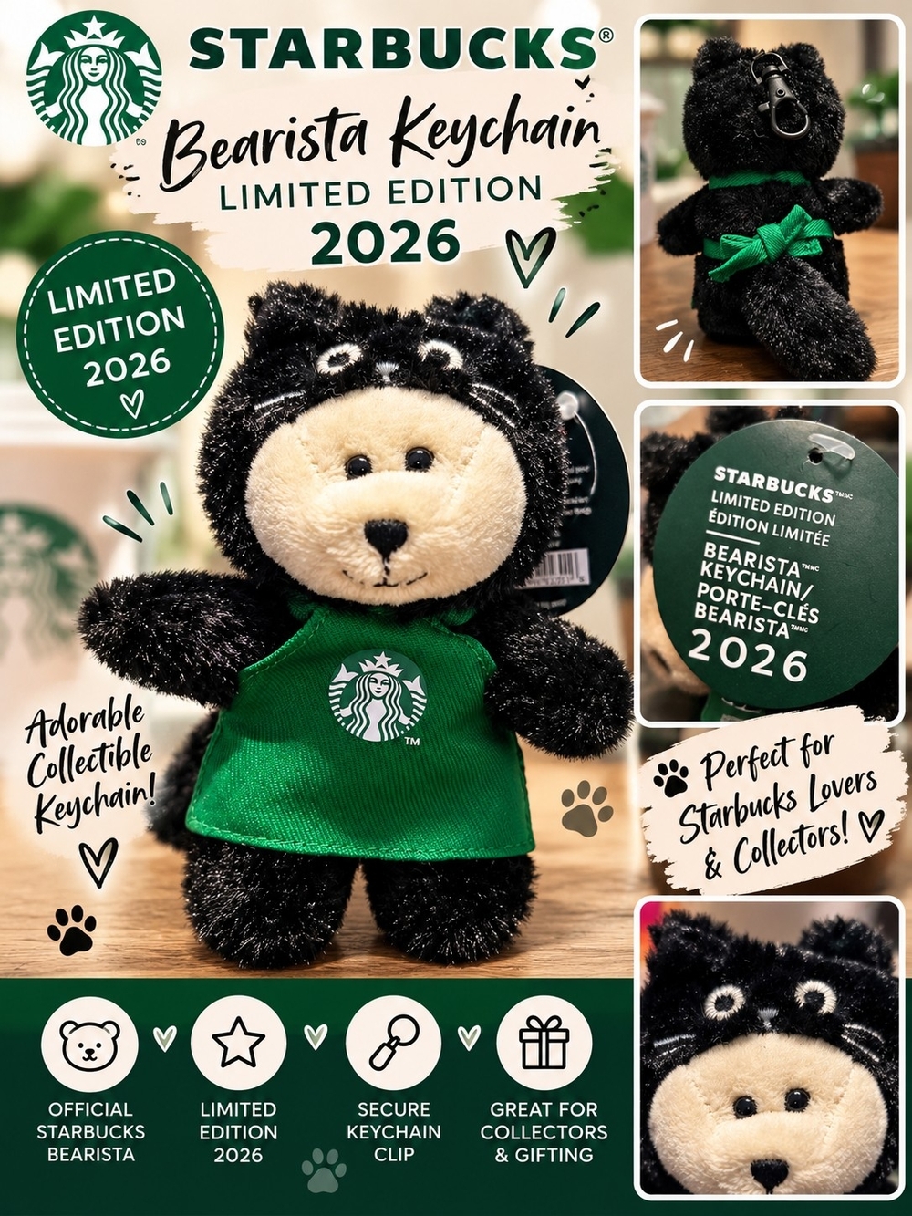 NWT Starbucks 2026 Black Cat Bearista Plush Keychain Bag Charm Limited Edition